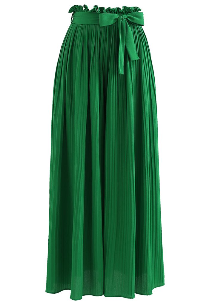 Tie-Waist Pleated Wide Leg Pants in Green