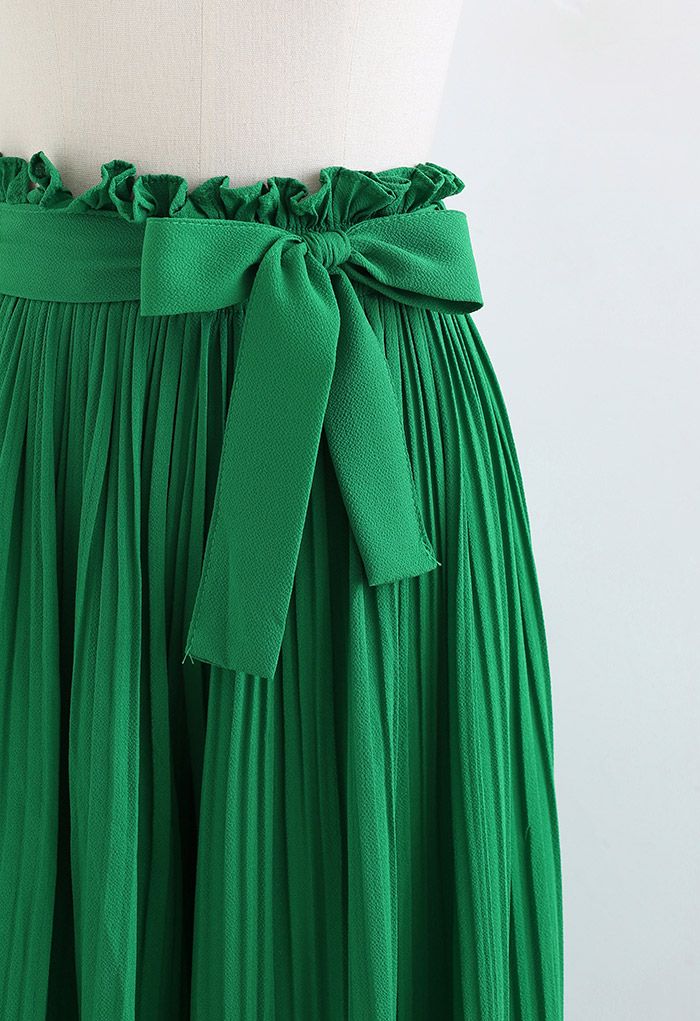 Tie-Waist Pleated Wide Leg Pants in Green