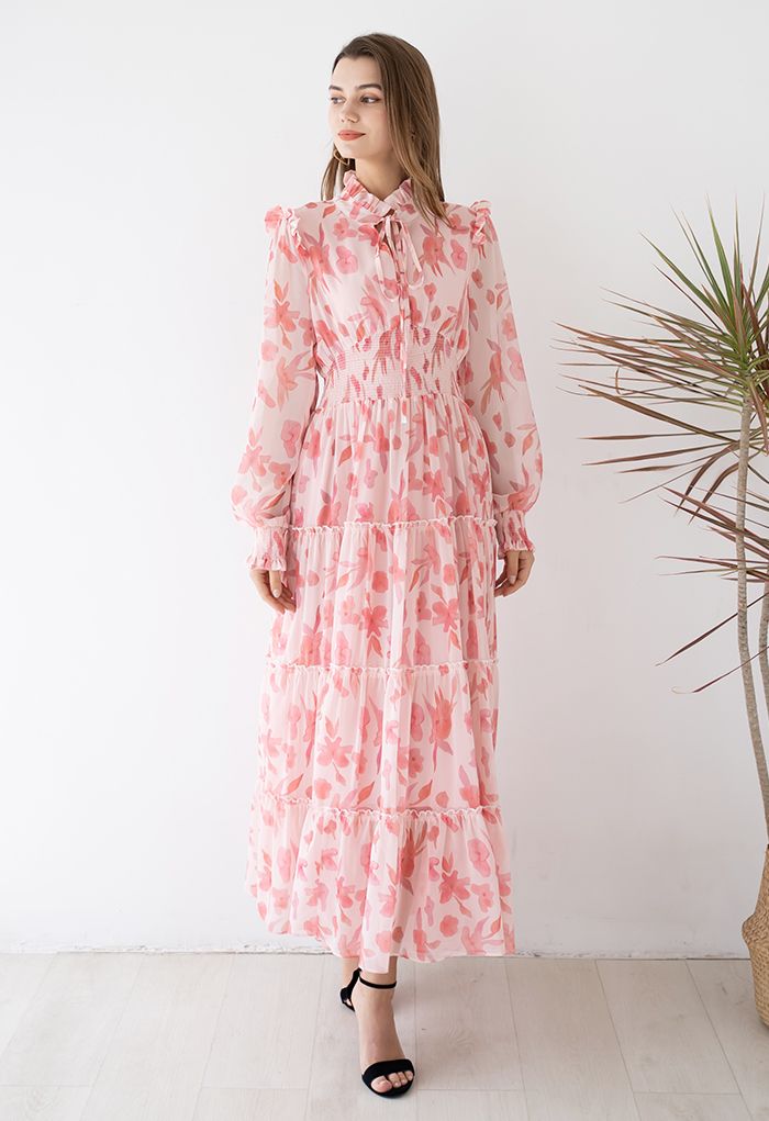 Darling Blush Pink Floral Tie Neck Maxi Dress