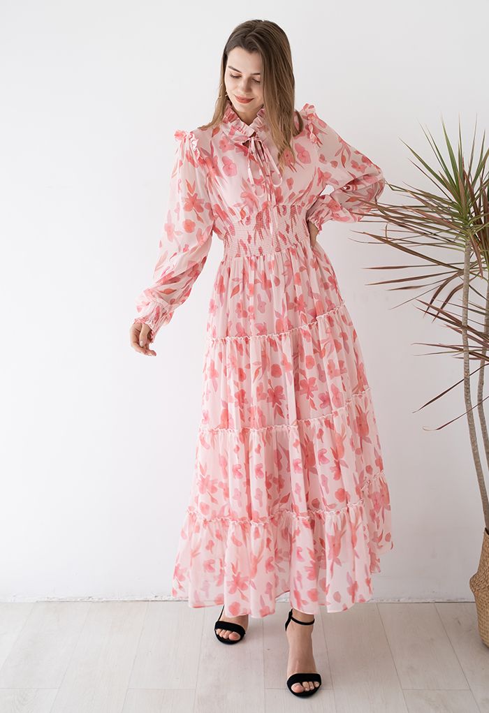 Darling Blush Pink Floral Tie Neck Maxi Dress