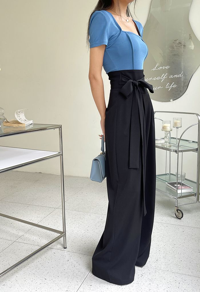 Bowknot High Waist Wide-Leg Pants in Black