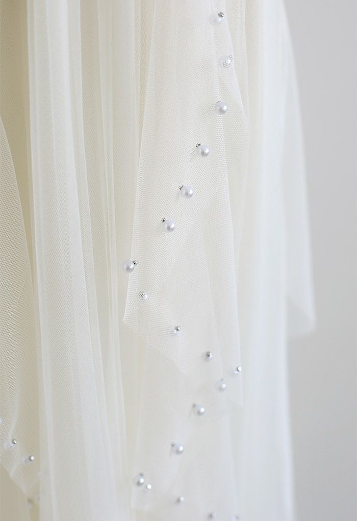 Scattered Bead Decor Pleated Tulle Skirt in Cream