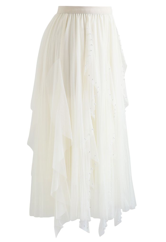 Scattered Bead Decor Pleated Tulle Skirt in Cream