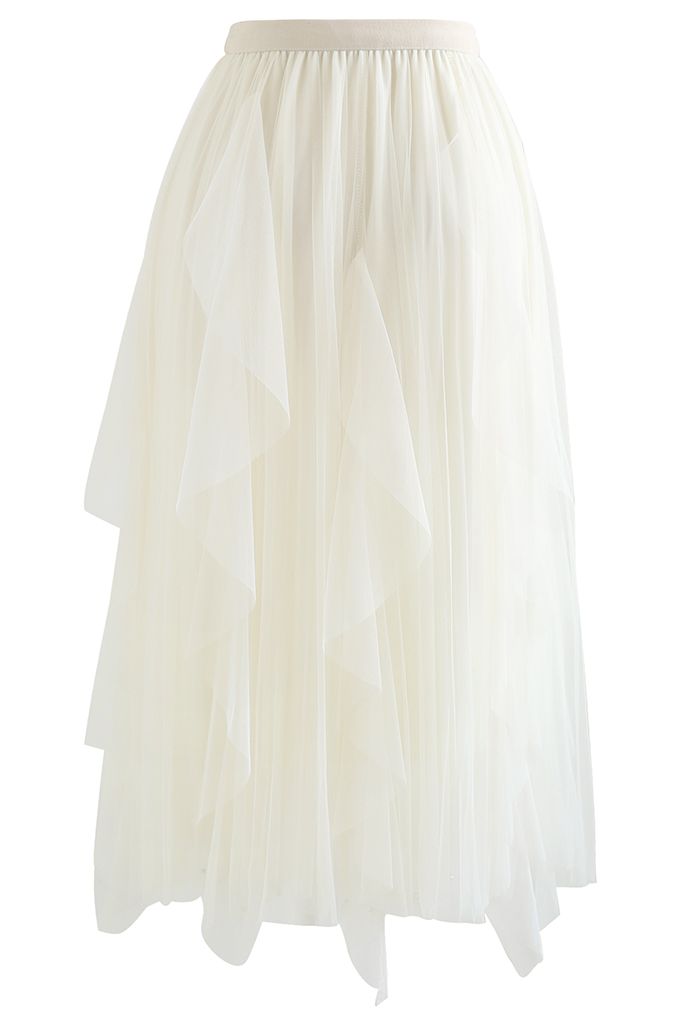 Scattered Bead Decor Pleated Tulle Skirt in Cream