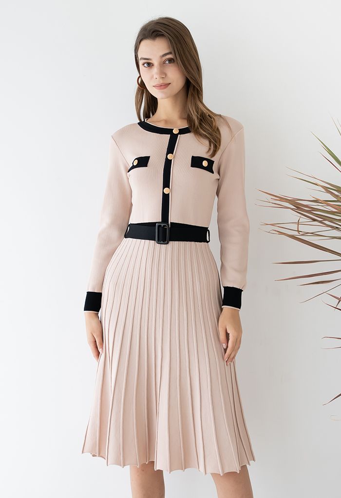 Belted Contrast Color Pleated Knit Dress