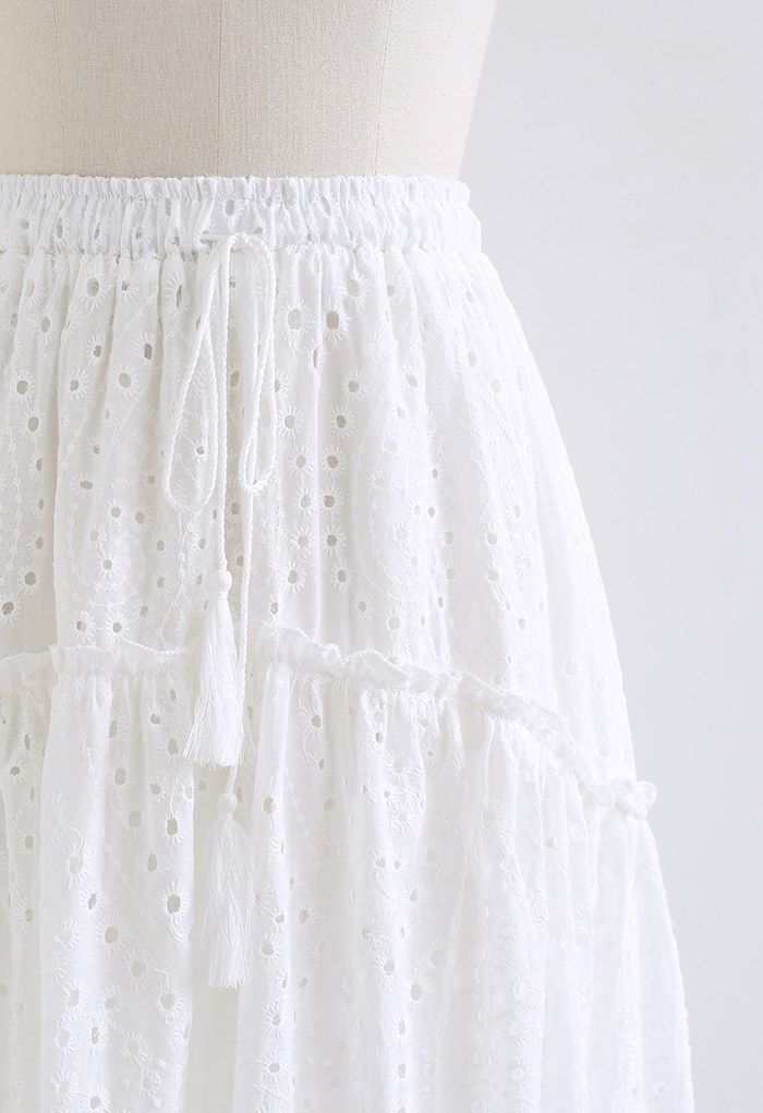 Frill Hem Broderie Cotton Midi Skirt in White