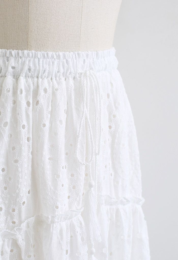 Frill Hem Broderie Cotton Midi Skirt in White