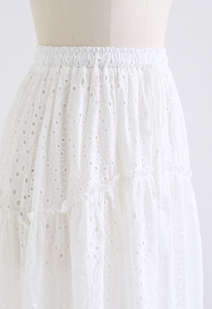 Frill Hem Broderie Cotton Midi Skirt in White