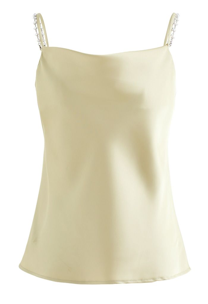 Pebble-Shape Pearl Strap Satin Cami Top in Mustard