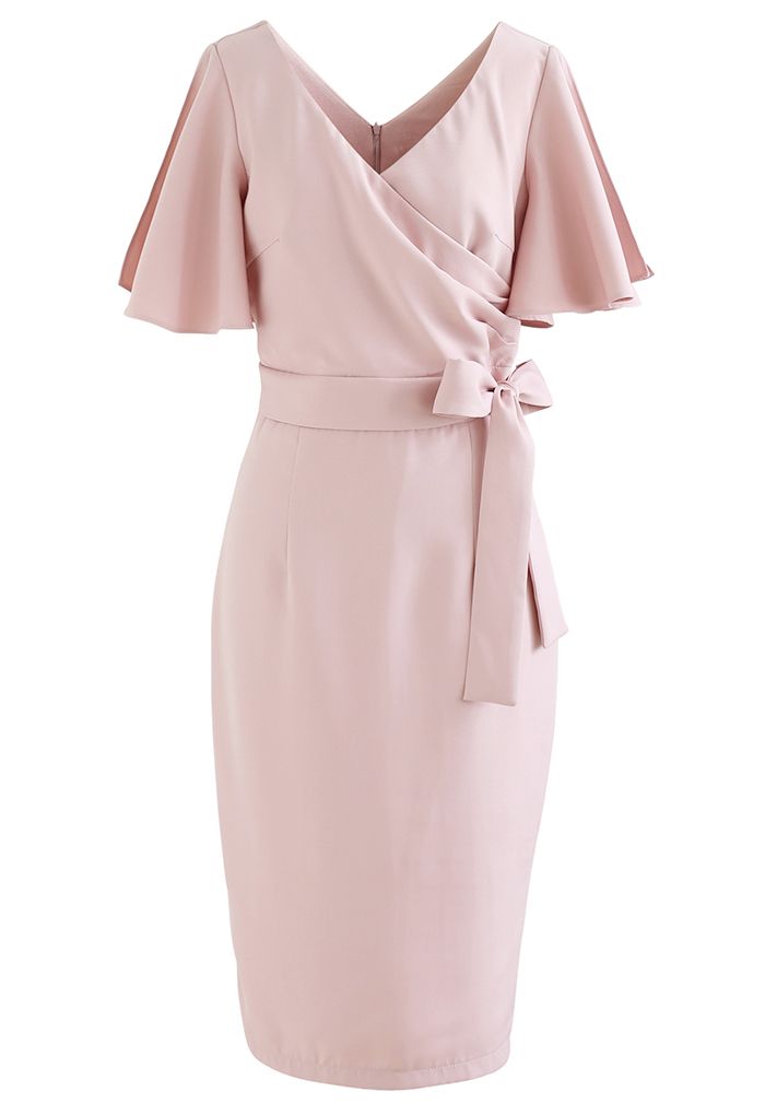 Flutter Sleeves Self-Tie Wrap Bodycon Dress