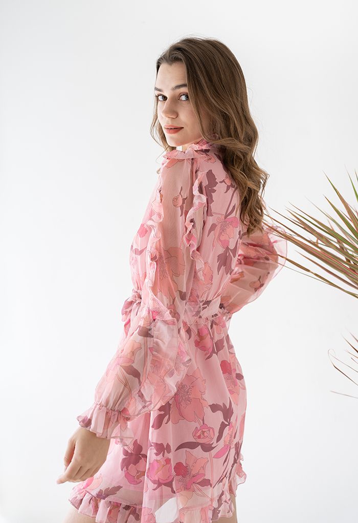 Blush Pink Floral Ruffle Belted Dress