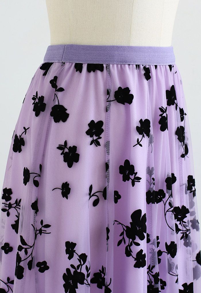 3D Posy Double-Layered Mesh Midi Skirt in Lilac