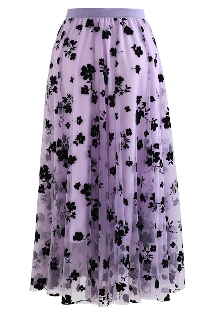 3D Posy Double-Layered Mesh Midi Skirt in Lilac