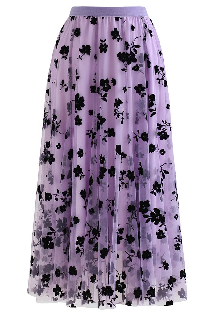 3D Posy Double-Layered Mesh Midi Skirt in Lilac