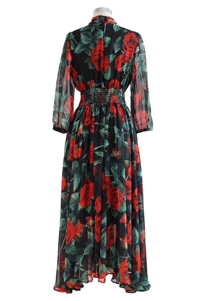 Rose Print Asymmetric Hem Chiffon Maxi Dress