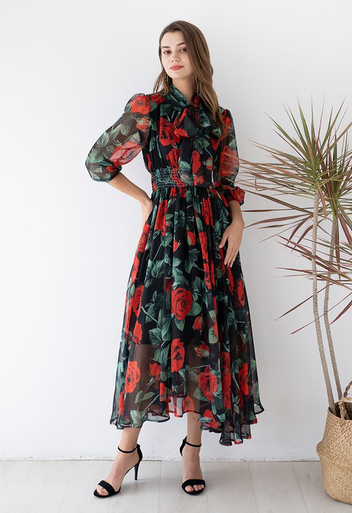 Rose Print Asymmetric Hem Chiffon Maxi Dress