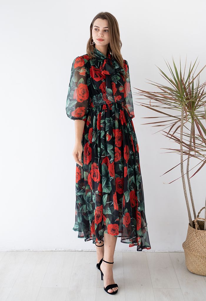 Rose Print Asymmetric Hem Chiffon Maxi Dress