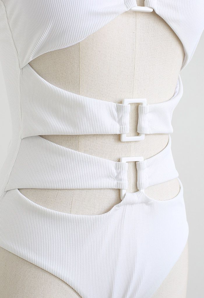 White Buckle Cutout Ribbed Swimsuit