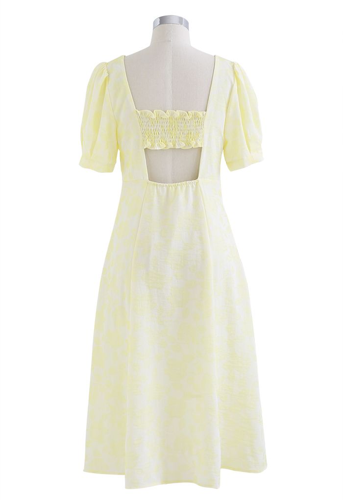 Shirred Cutout Back Blossom Jacquard Dress in Yellow