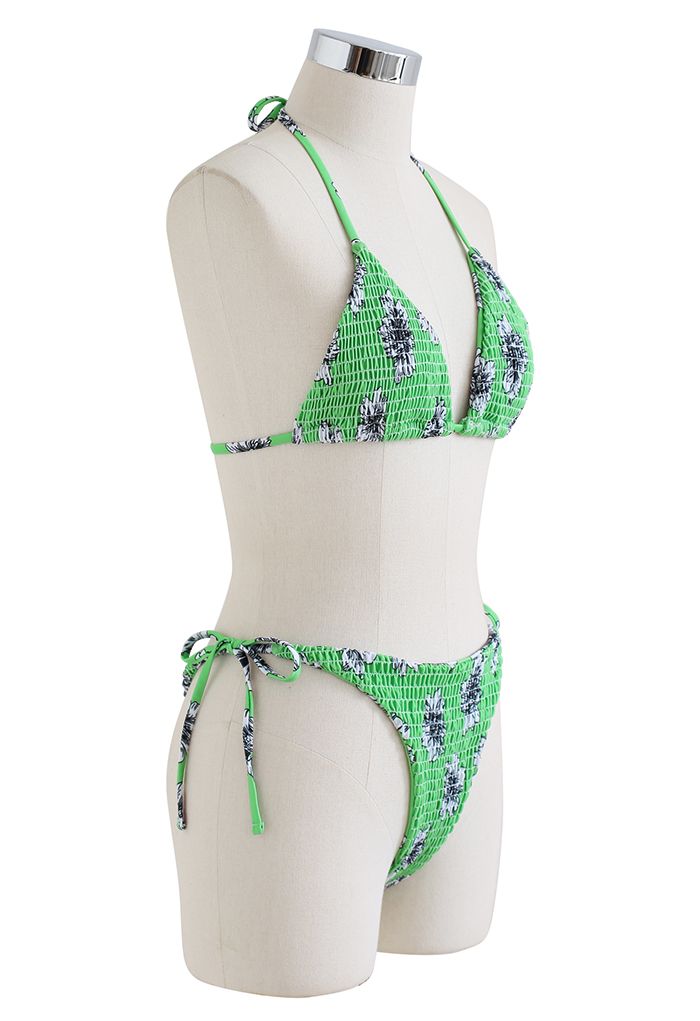 Green Hue Floral Shirring Bikini Set