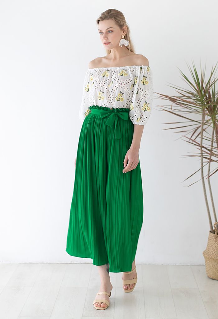 Tie-Waist Pleated Wide Leg Pants in Green