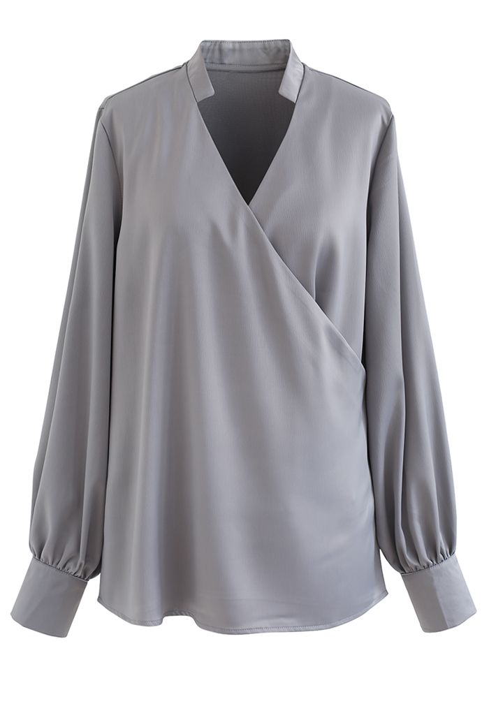 V-Neck Wrap Front Satin Smock Shirt in Grey