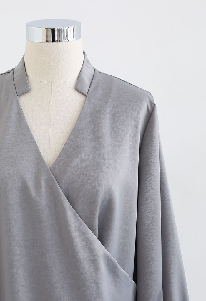 V-Neck Wrap Front Satin Smock Shirt in Grey