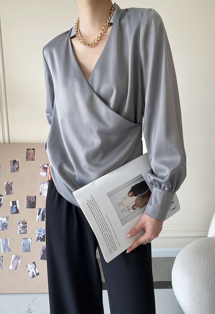 V-Neck Wrap Front Satin Smock Shirt in Grey