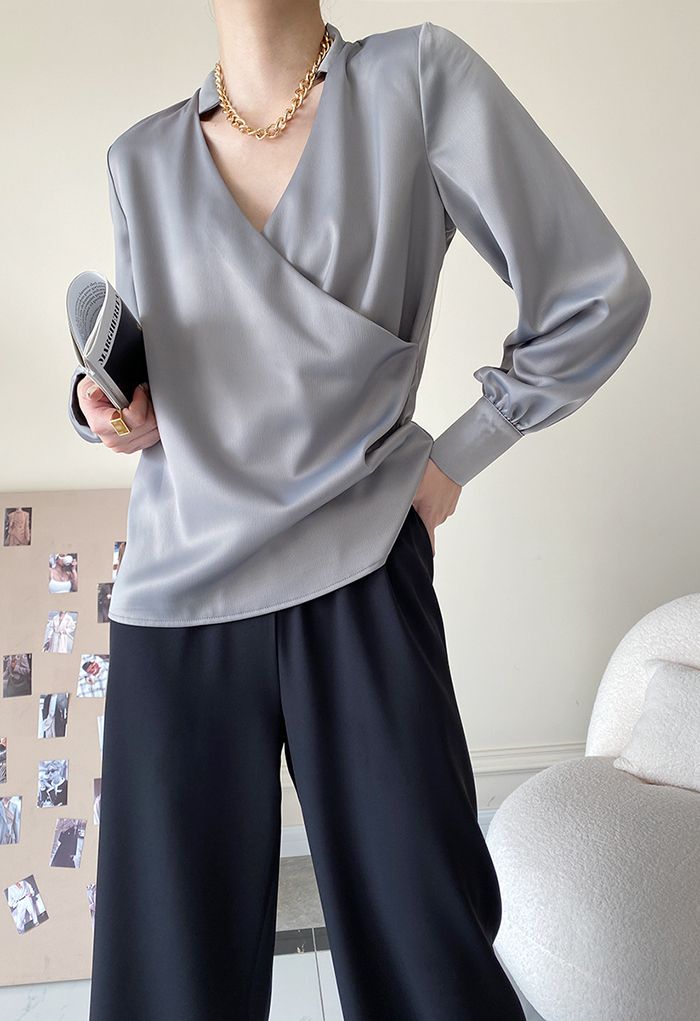 V-Neck Wrap Front Satin Smock Shirt in Grey