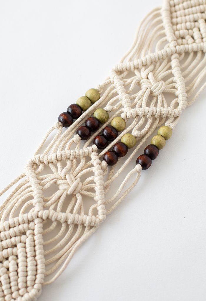 Wooden Buckle Bead Decor Woven Belt in Ivory