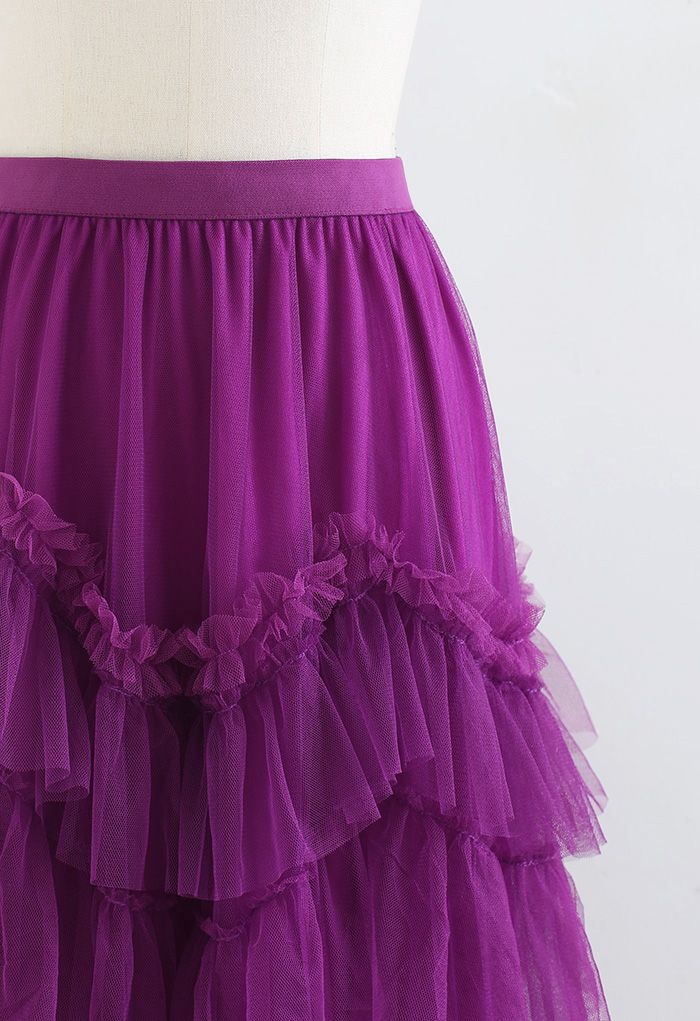 Exquisite Tiered Ruffle Mesh Tulle Skirt in Magenta