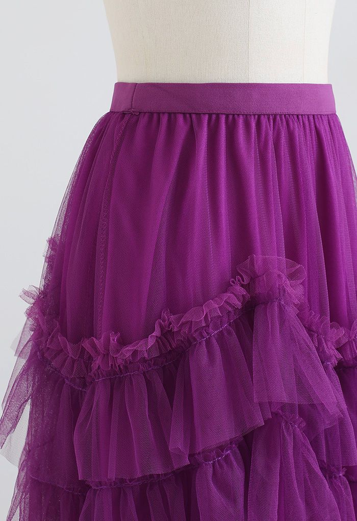 Exquisite Tiered Ruffle Mesh Tulle Skirt in Magenta