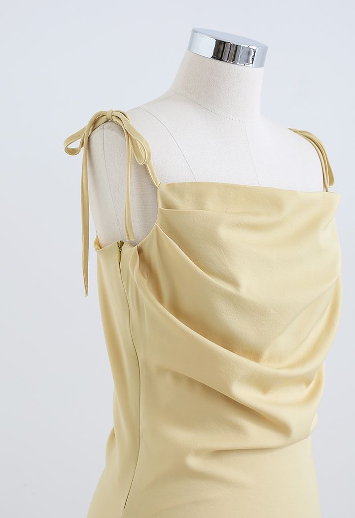 Ruched Cowl Neck Satin Cami Dress in Yellow