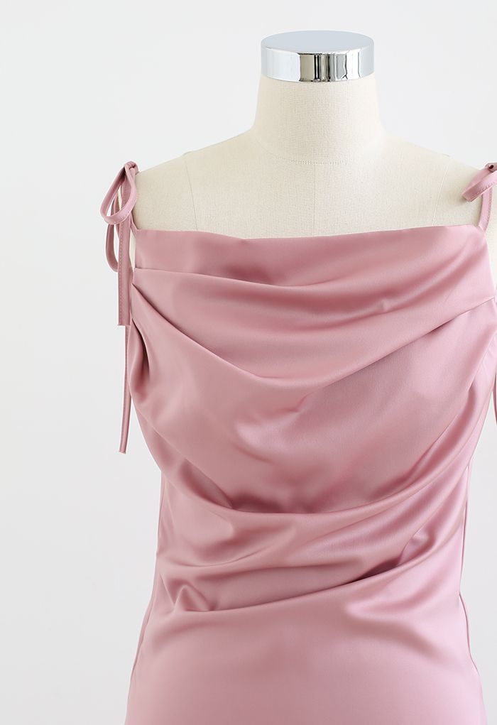 Ruched Cowl Neck Satin Cami Dress in Pink