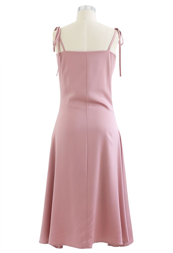 Ruched Cowl Neck Satin Cami Dress in Pink