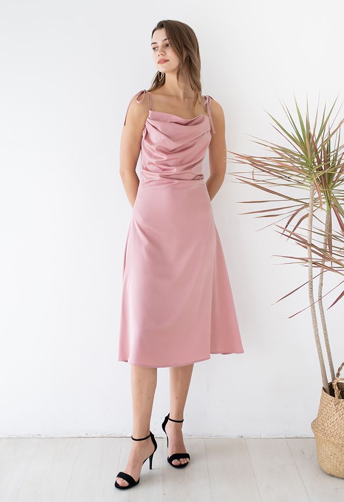 Ruched Cowl Neck Satin Cami Dress in Pink