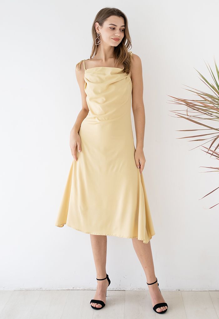 Ruched Cowl Neck Satin Cami Dress in Yellow