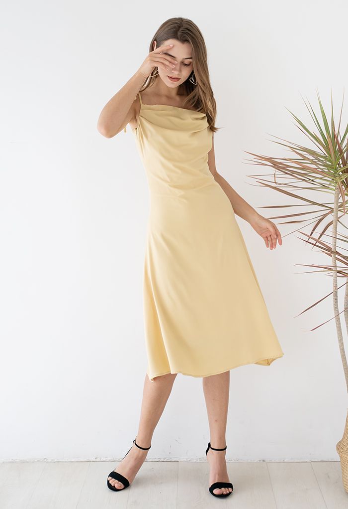 Ruched Cowl Neck Satin Cami Dress in Yellow