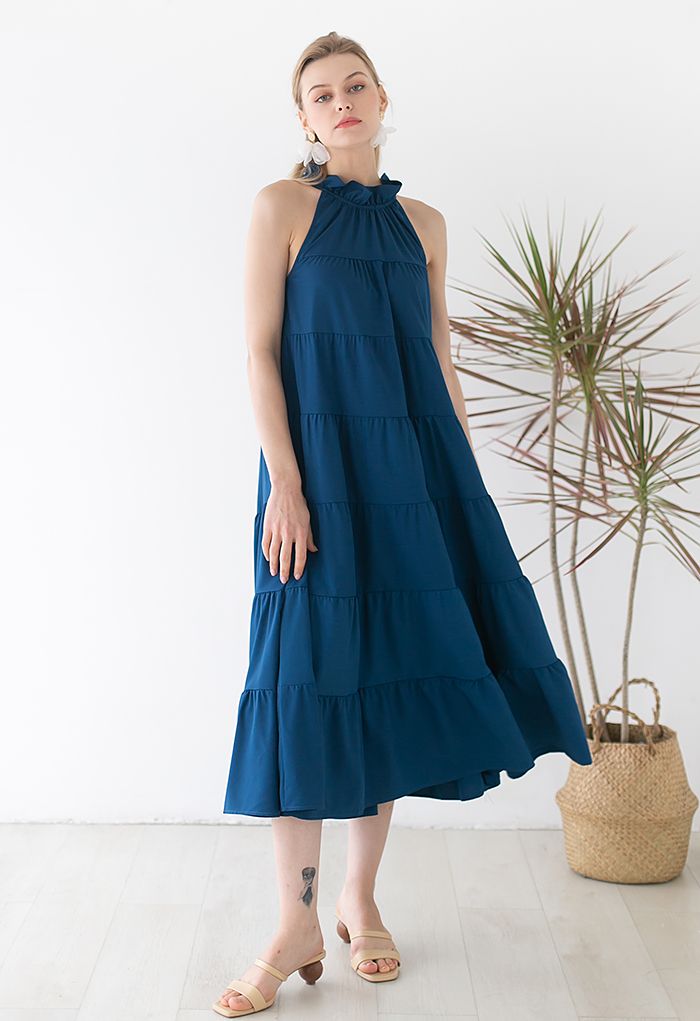 Self-Tie Bowknot Ruffle Halter Neck Midi Dress