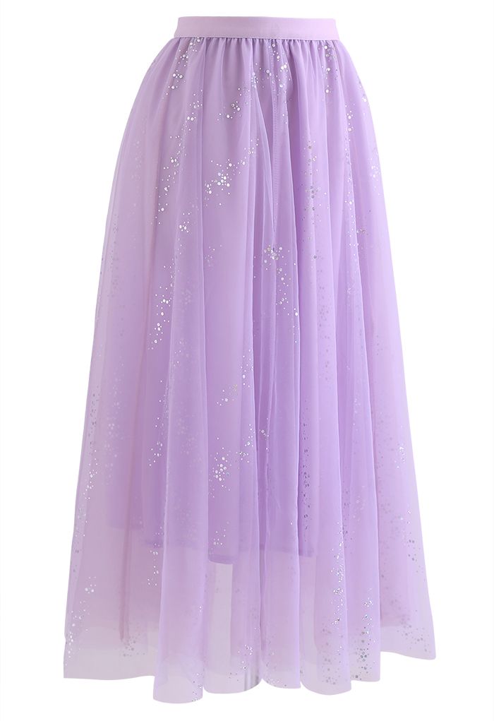 Shimmery Sequin Mix-Color Mesh Maxi Skirt in Lilac