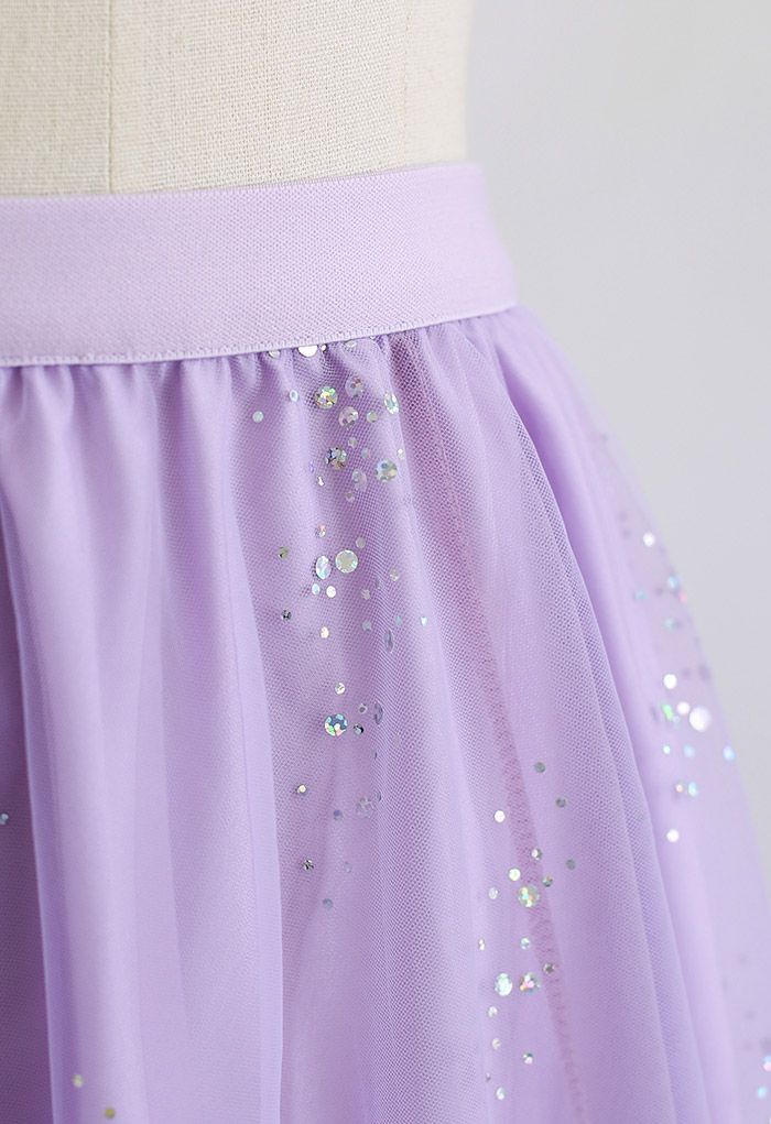 Shimmery Sequin Mix-Color Mesh Maxi Skirt in Lilac