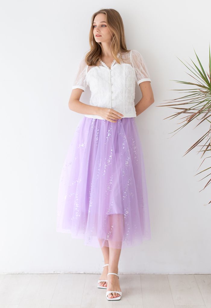 Shimmery Sequin Mix-Color Mesh Maxi Skirt in Lilac