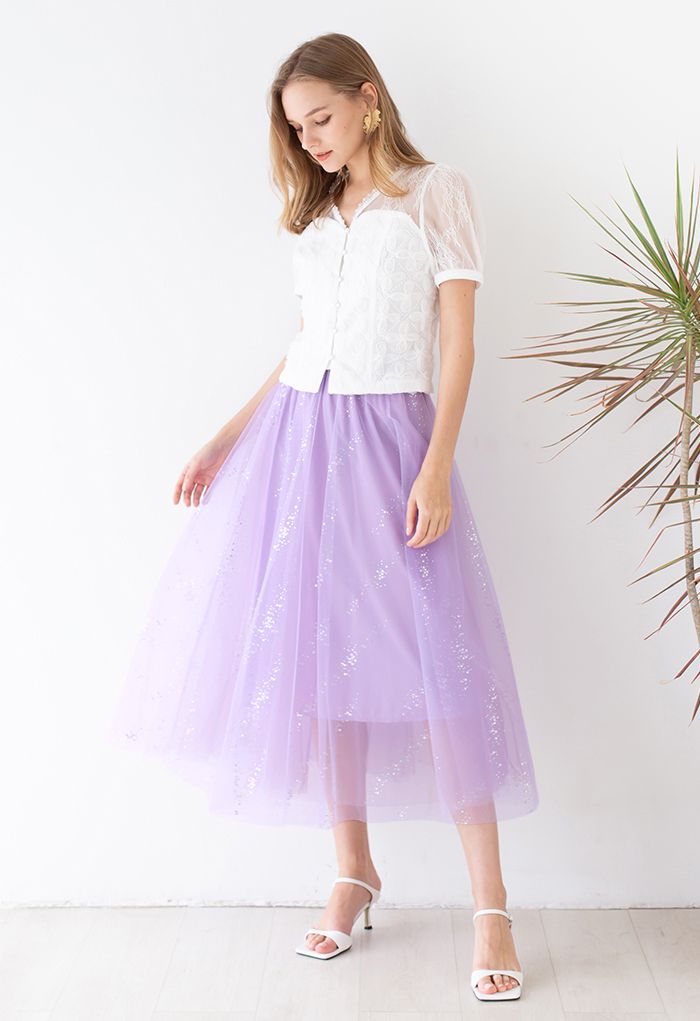 Shimmery Sequin Mix-Color Mesh Maxi Skirt in Lilac