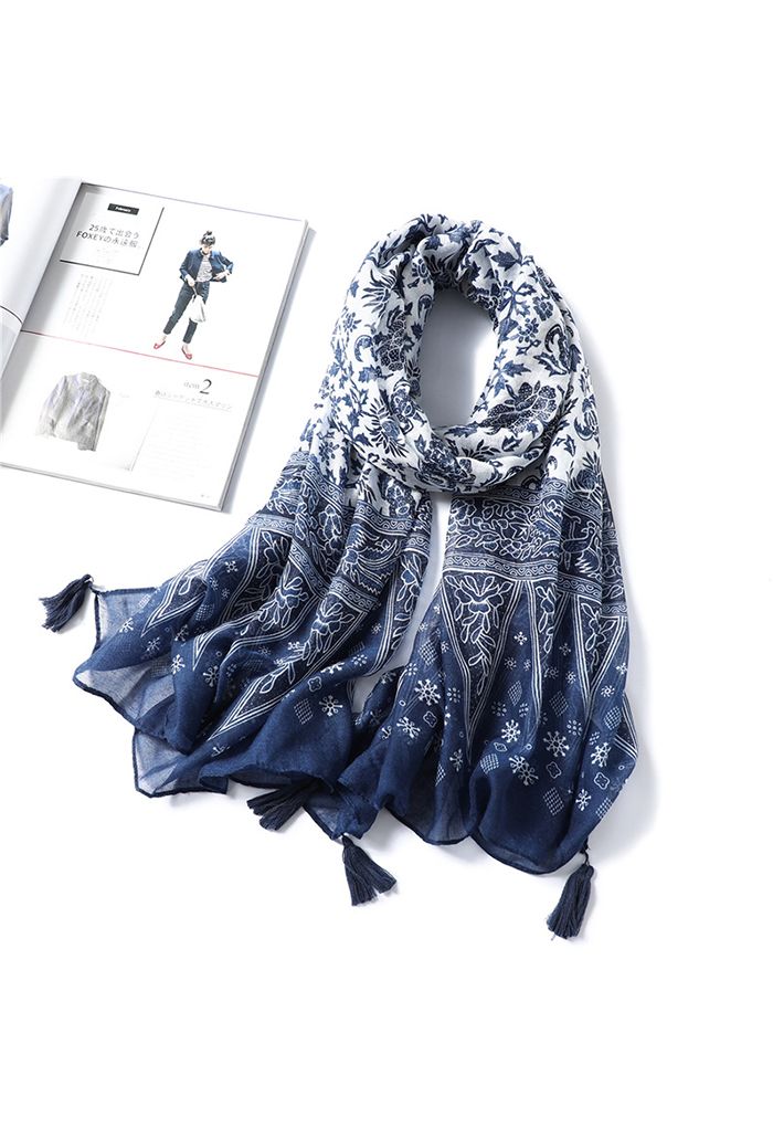 Ethnic Floral Tassel Shawl Scarf