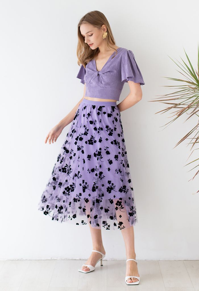 3D Posy Double-Layered Mesh Midi Skirt in Lilac