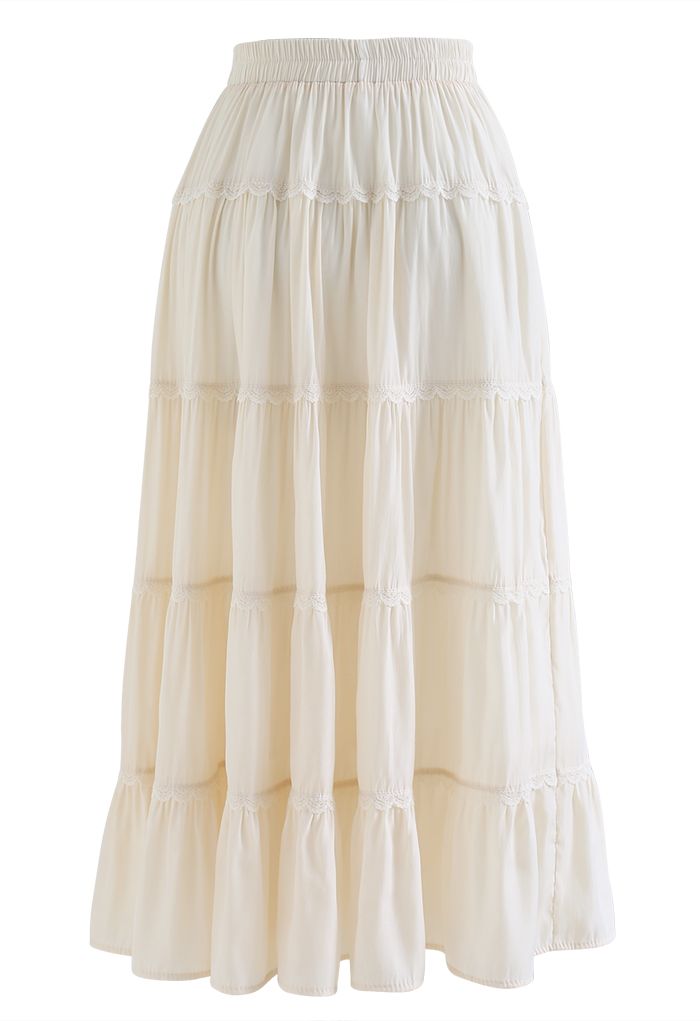 Scalloped Lace Pleated Frilling Midi Skirt in Cream