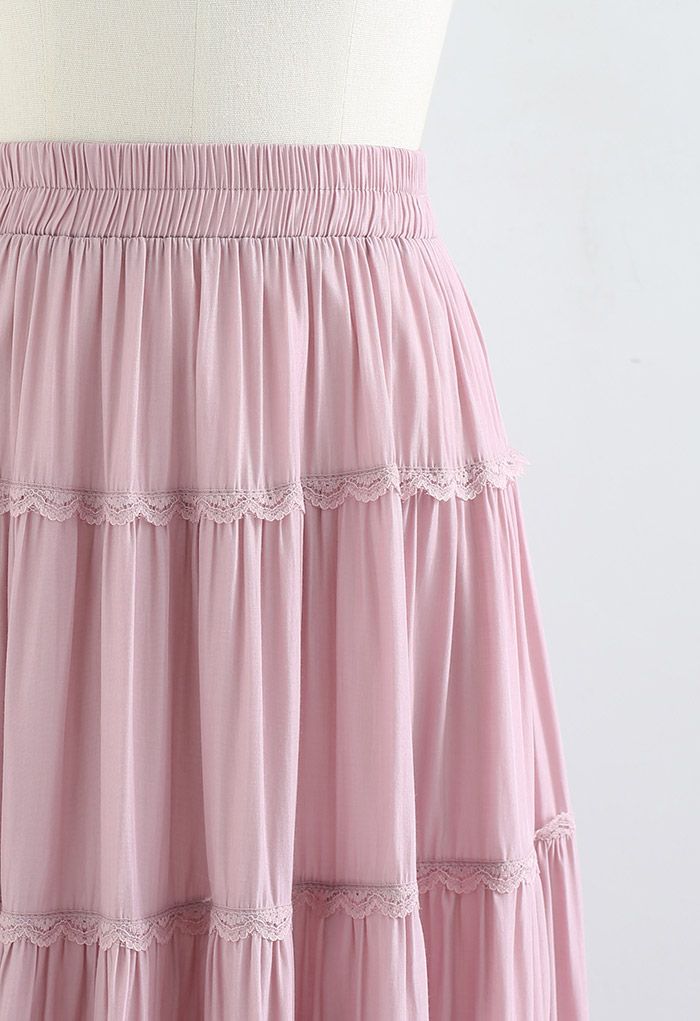 Scalloped Lace Pleated Frilling Midi Skirt in Pink