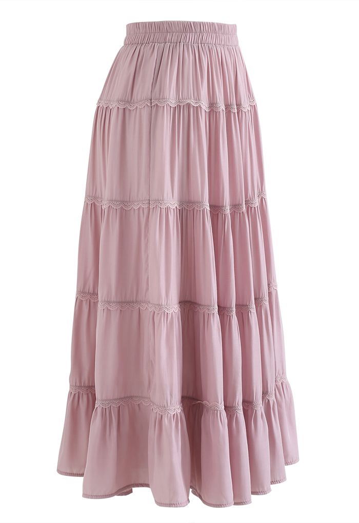 Scalloped Lace Pleated Frilling Midi Skirt in Pink