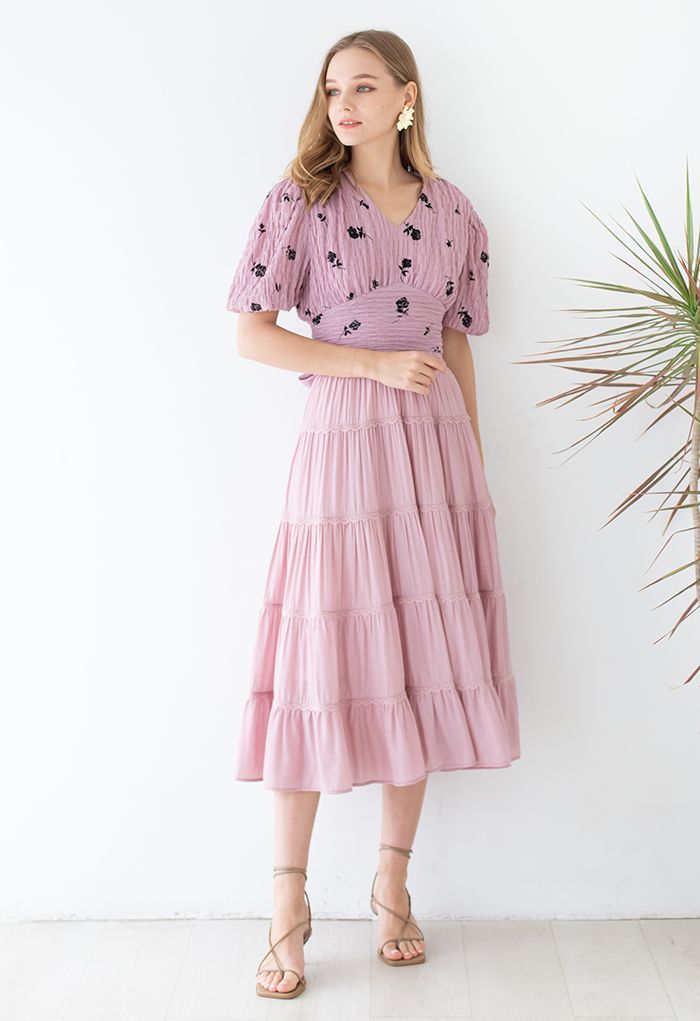 Scalloped Lace Pleated Frilling Midi Skirt in Pink