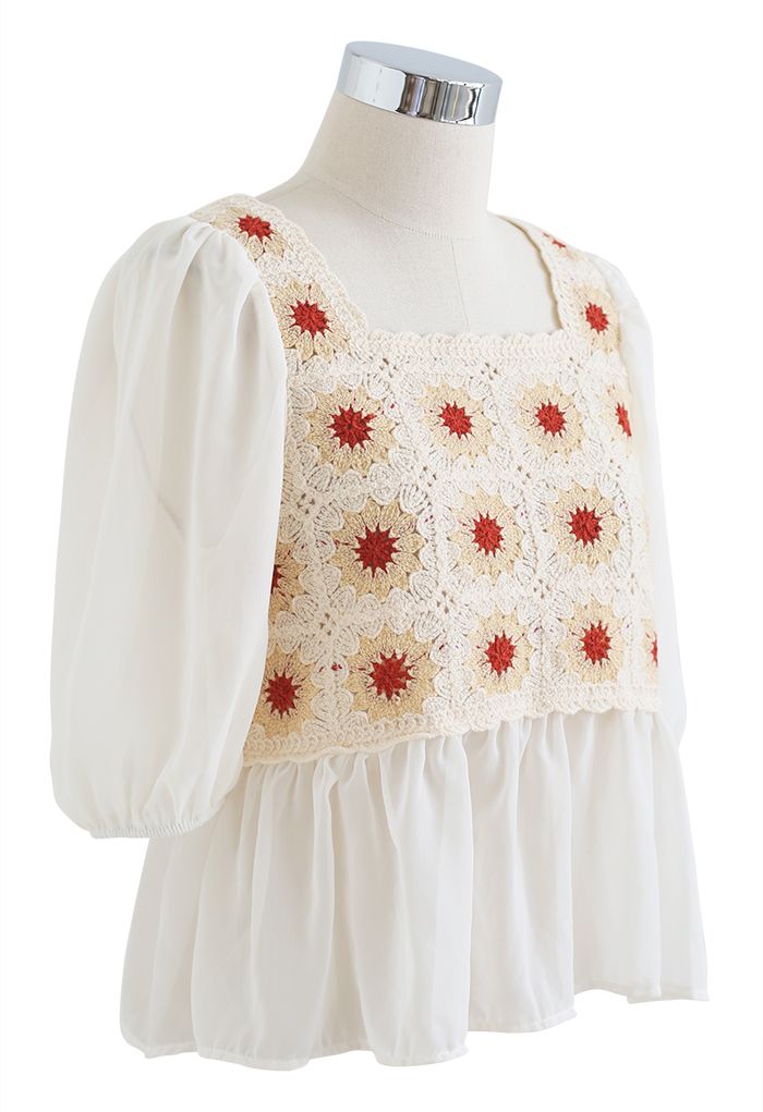 Boho Cream Floral Crochet Spliced Top